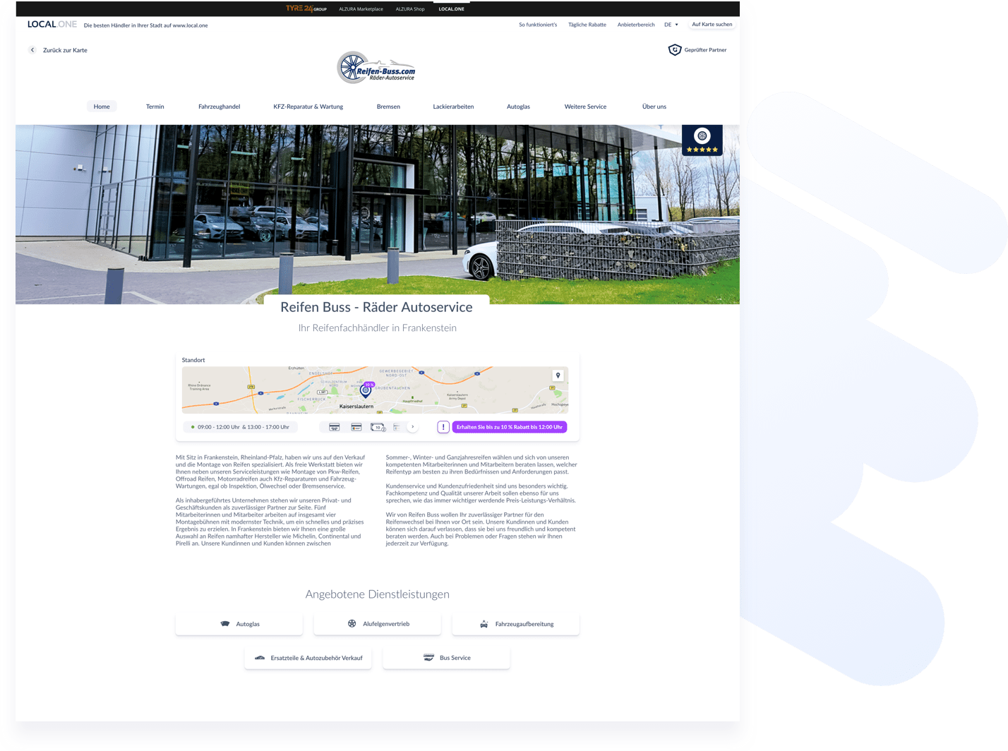 Un extrait du site web d'un commerçant affiche des informations pertinentes de ce dernier, telles qu'une petite carte indiquant son emplacement, les heures d'ouverture, les modes de paiement, les remises disponibles, un texte d'information et une liste des services proposés.