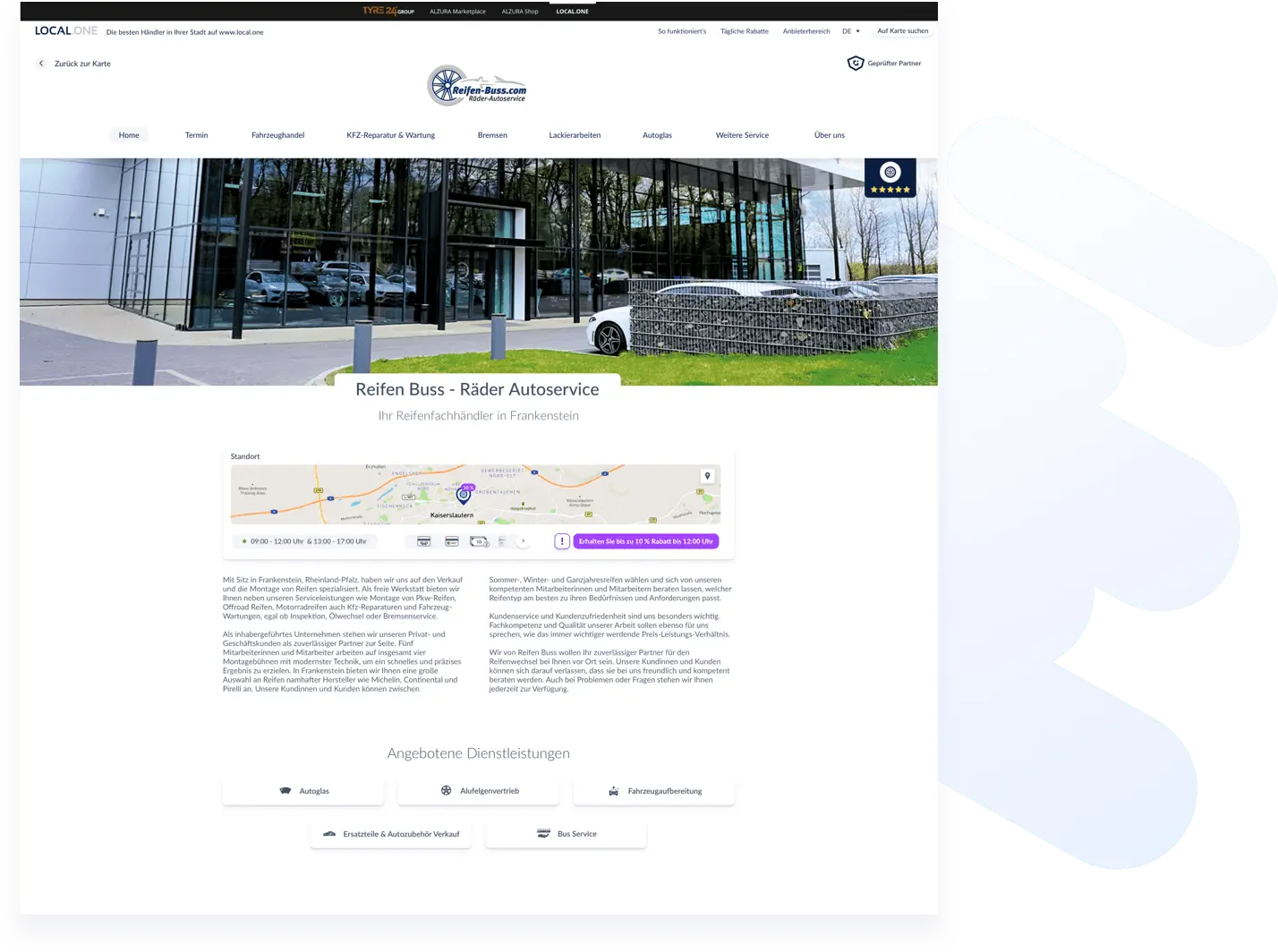 Un extrait du site web d'un commerçant affiche des informations pertinentes de ce dernier, telles qu'une petite carte indiquant son emplacement, les heures d'ouverture, les modes de paiement, les remises disponibles, un texte d'information et une liste des services proposés.