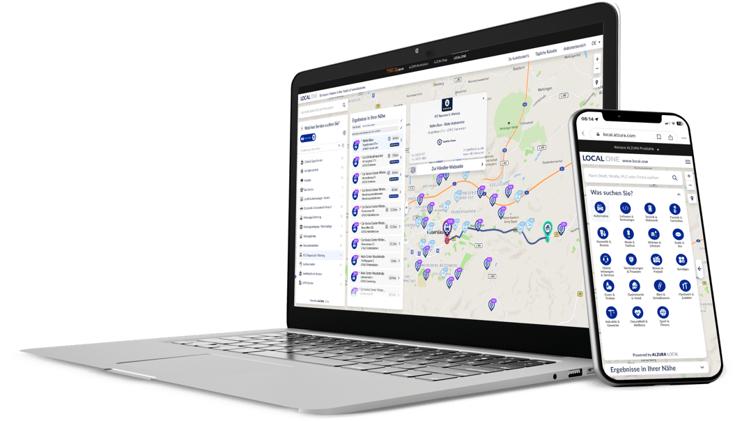 Aperçu de l'application LOCAL.ONE sur un ordinateur portable et un smartphone montrant les options de filtrage