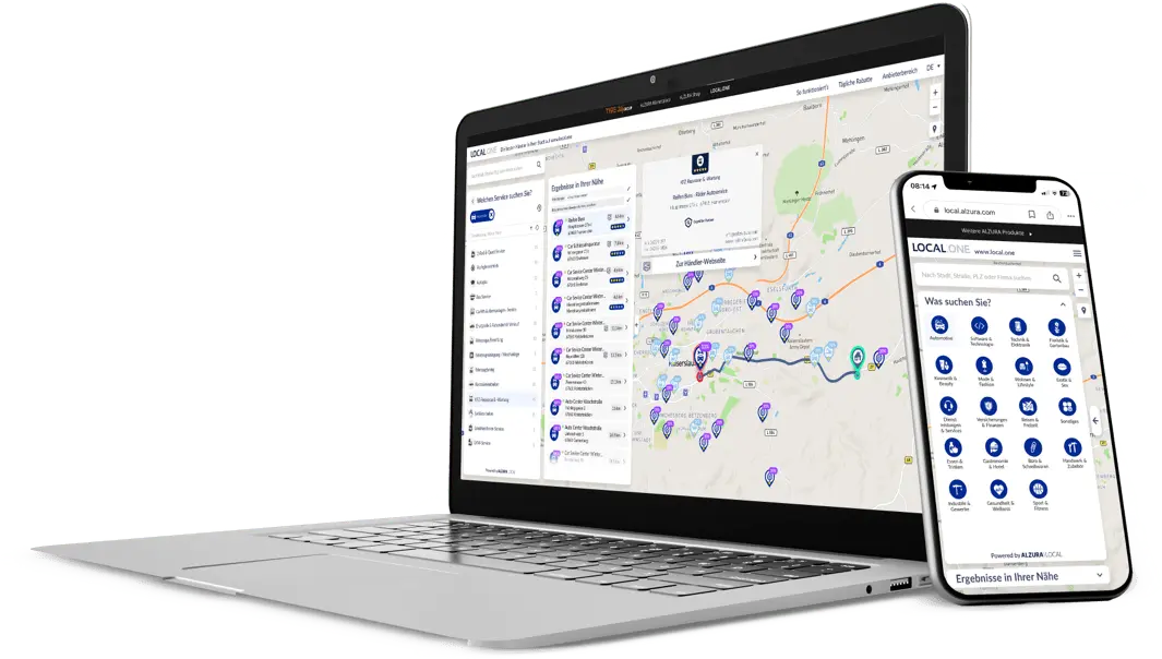 Aperçu de l'application LOCAL.ONE sur un ordinateur portable et un smartphone montrant les options de filtrage