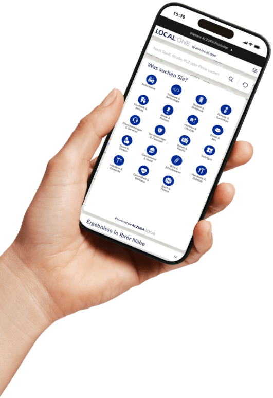 Une main tient un smartphone avec une barre de recherche et des icônes de différents secteurs sur l'écran pour trouver et sélectionner rapidement des entreprises.