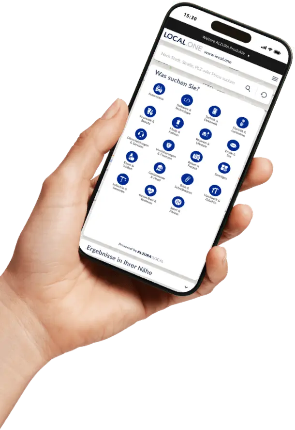 Une main tient un smartphone avec une barre de recherche et des icônes de différents secteurs sur l'écran pour trouver et sélectionner rapidement des entreprises.