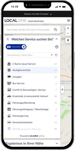 Un smartphone affiche la barre de recherche, le filtre pour le secteur sélectionné à l'étape 1, une barre de recherche pour les services et les marques et une liste de services qui ont été filtrés en fonction du secteur sélectionné.
