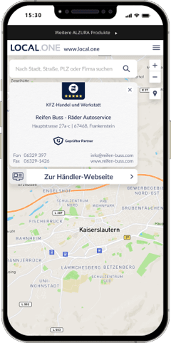 Un smartphone affiche la carte de visite numérique d'un détaillant vérifié, avec les coordonnées importantes telles que l'adresse, les numéros de téléphone et de télécopie et l'adresse électronique. Des informations sur le secteur d'activité du détaillant et un lien vers son site web sont également visibles.