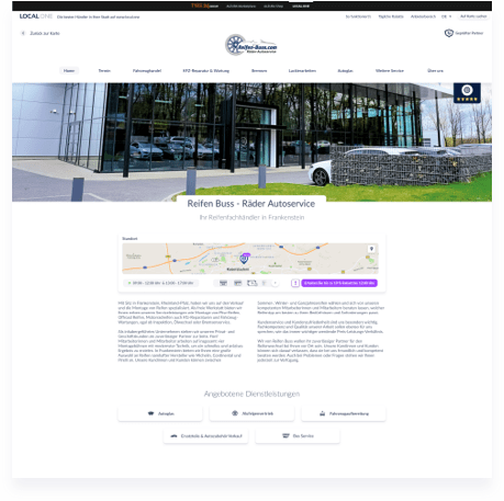 Un extrait du site web d'un commerçant affiche des informations pertinentes de ce dernier, telles qu'une petite carte indiquant son emplacement, les heures d'ouverture, les modes de paiement, les remises disponibles, un texte d'information et une liste des services proposés.