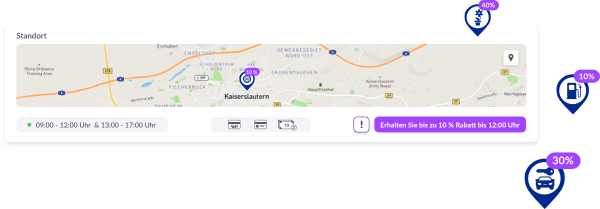 Une vue détaillée affiche des informations pertinentes sur les commerçants, dont une petite carte avec un marqueur d'emplacement, les heures d'ouverture, les modes de paiement et une indication sur une remise limitée dans le temps. À droite de la vue détaillée, on peut voir plusieurs marques d'emplacement avec des indications de rabais.