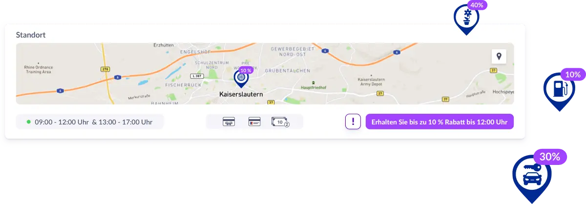 Une vue détaillée affiche des informations pertinentes sur les commerçants, dont une petite carte avec un marqueur d'emplacement, les heures d'ouverture, les modes de paiement et une indication sur une remise limitée dans le temps. À droite de la vue détaillée, on peut voir plusieurs marques d'emplacement avec des indications de rabais.